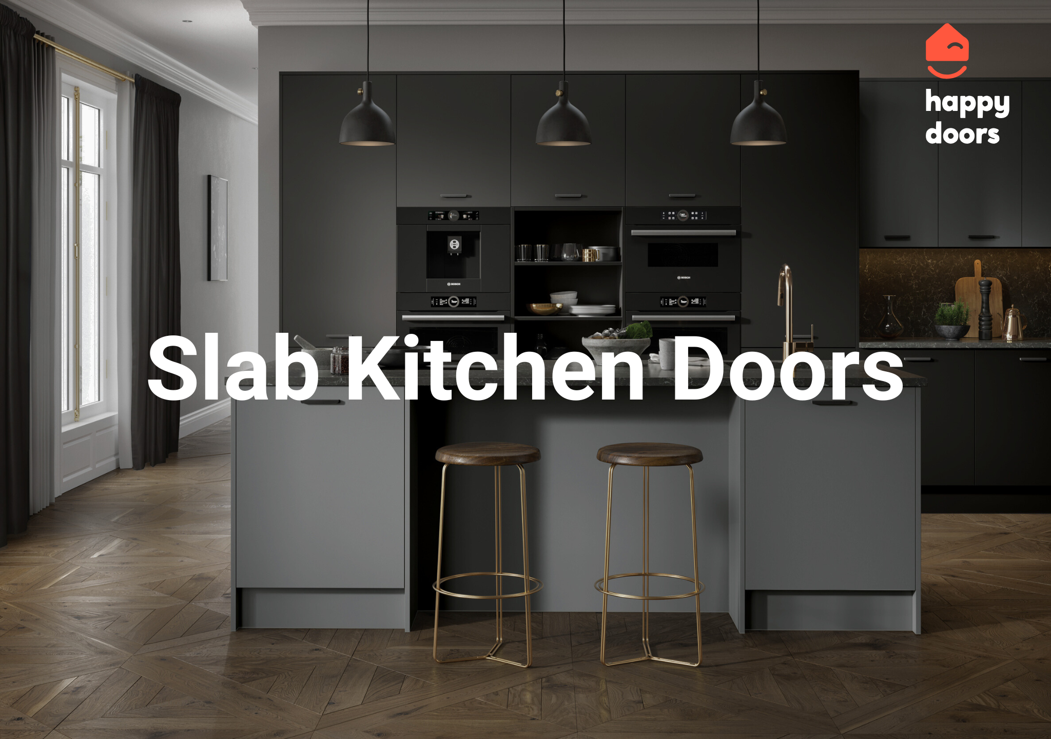 Modern grey Slab kitchen doors from Happy Doors